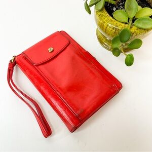 VINTAGE Red Leather Wristlet Clutch Wallet Phone Holder